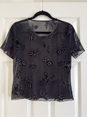 Sheer Black Flocked Floral Short-Sleeve Top